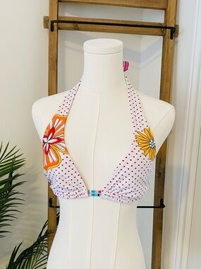 Gossip Polka Dot Halter Bikini Top with Orange & Yellow Floral Accents, Medium